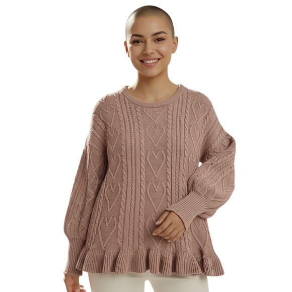 Andree By Unit Pink Thick Acrylic Cable Knit Sweater Heart Designs Size Medium - Picture 1 of 9